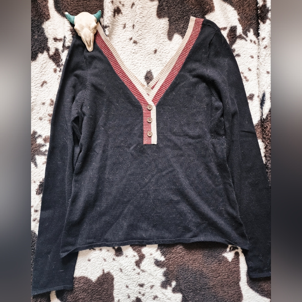 Shyanne Black Sweater with Red V-Neck Trim